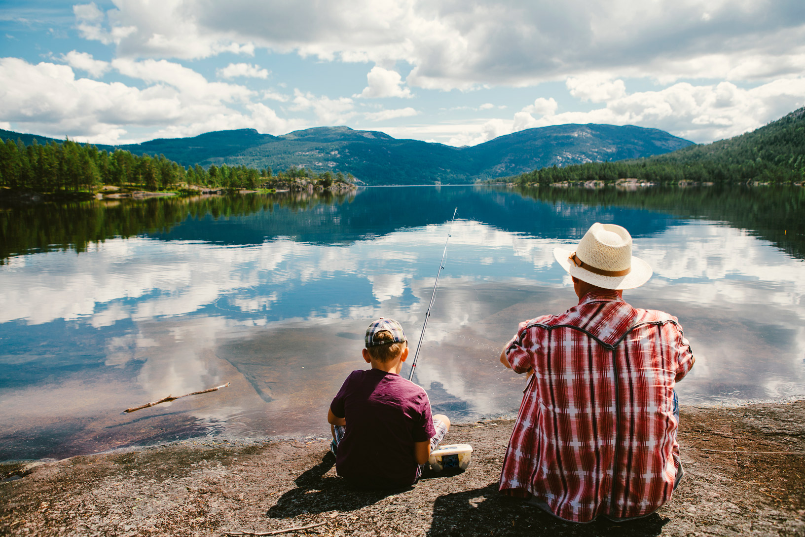 Father and son lake fishing